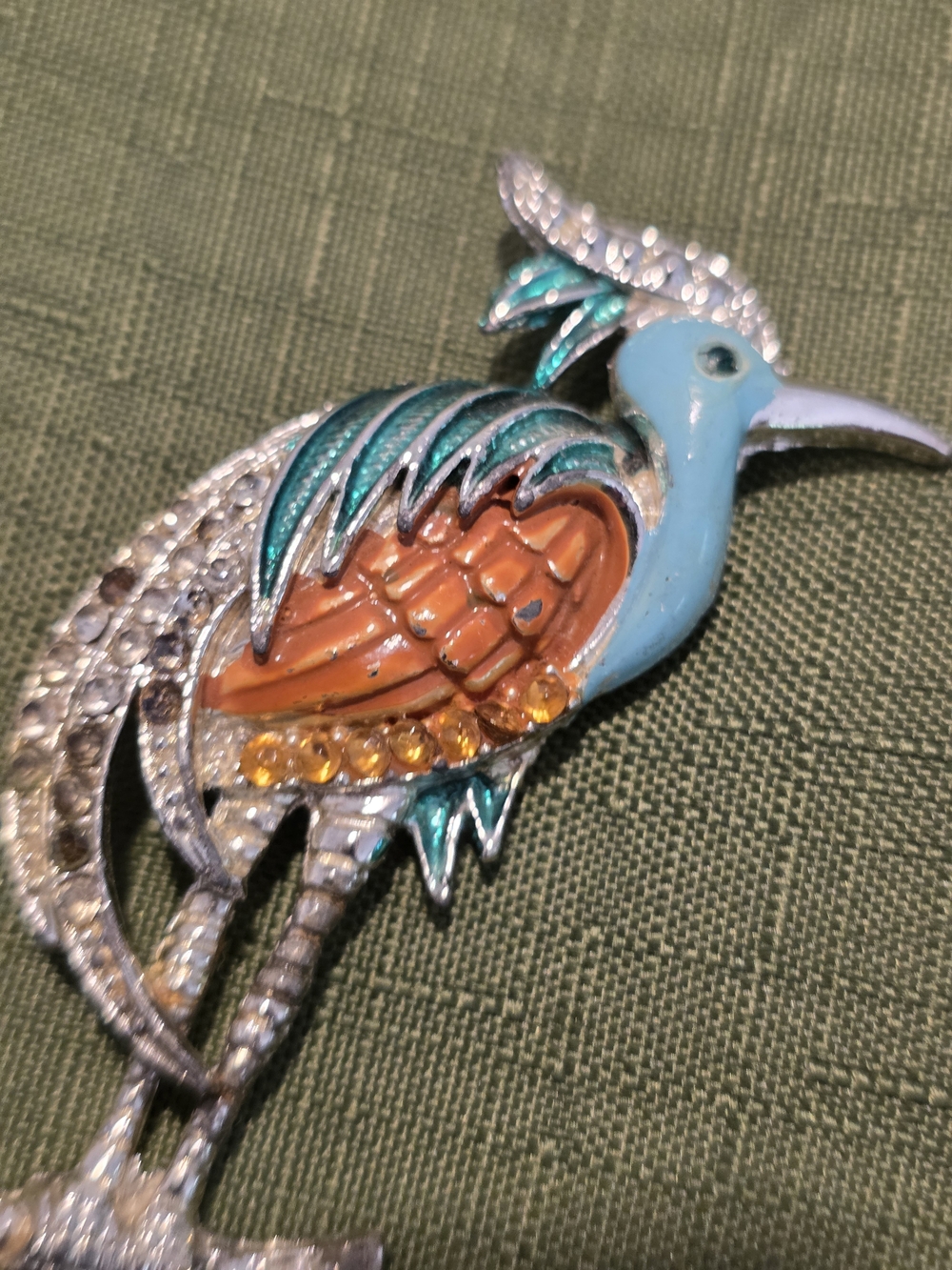 Vintage Enamel Blue and Orange Crystal Bird Brooch - Picture 2 of 6